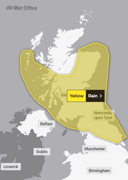 Yellow weather warning for rain from midnight to midday in Scotland and northern England