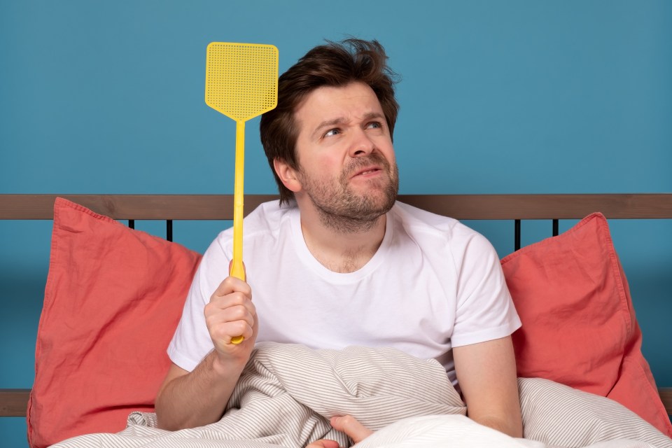 Young caucasian man holding a fly swatter wanting to kill annoying mosquito