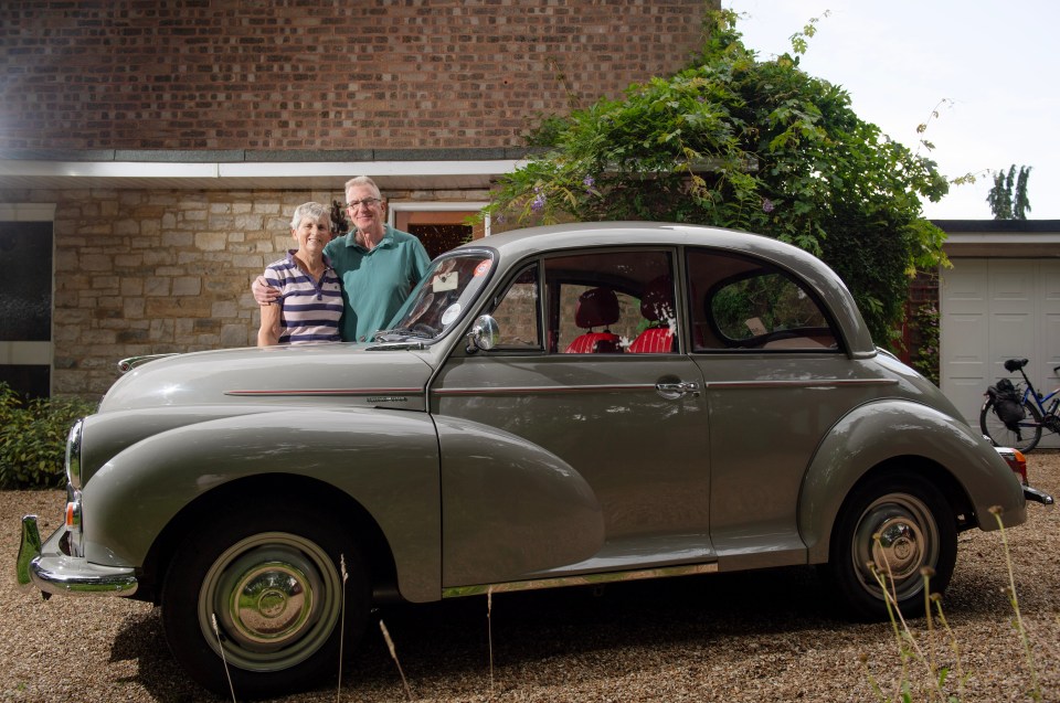 Loyal Greg Hoar, pictured with wife Nicky in 2023, is still driving the family Morris Minor in which he passed his driving test in 1976