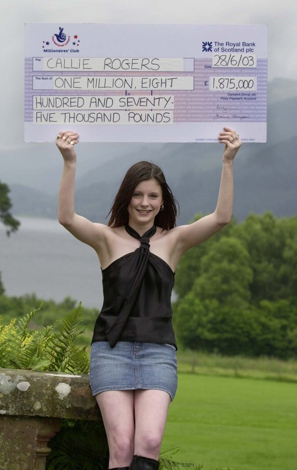 Callie with her cheque for £1.8m in 2003