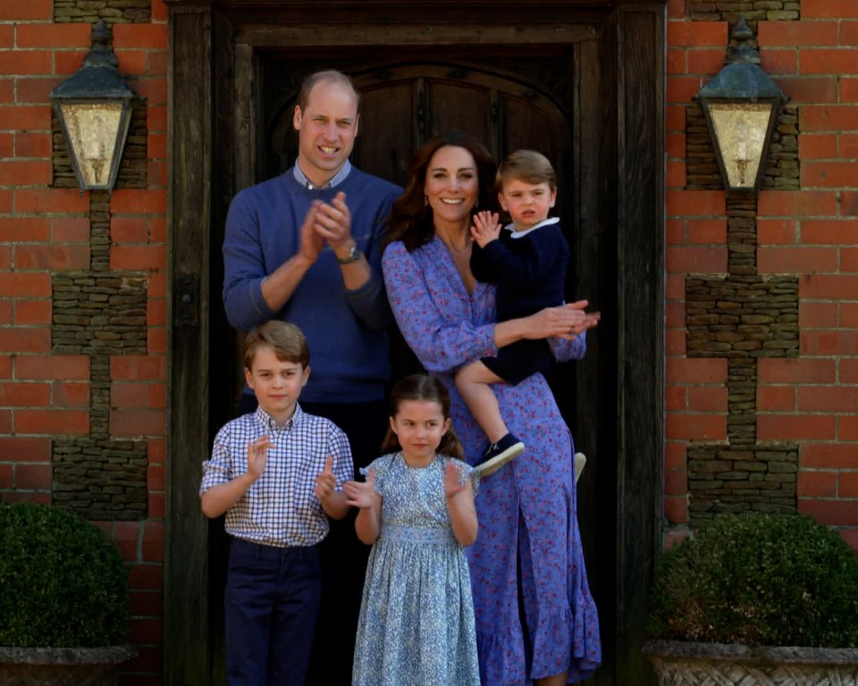 LONDON, ENGLAND - APRIL 23: In this screengrab, Prince William, Duke of Cambridge, Catherine Duchess of Cambridge, Prince George of Cambridge, Princess Charlotte of Cambridge and Prince Louis of Cambridge clap for NHS carers as part of the BBC Children In Need and Comic Relief 'Big Night In at London on April 23, 2020 in London, England.The 'Big Night In' brings the nation an evening of unforgettable entertainment in a way we've never seen before. Raising money for and paying tribute to those on the front line fighting Covid-19 and all the unsung heroes supporting their communities. (Photo by Comic Relief/BBC Children in Need/Comic Relief via Getty Images)