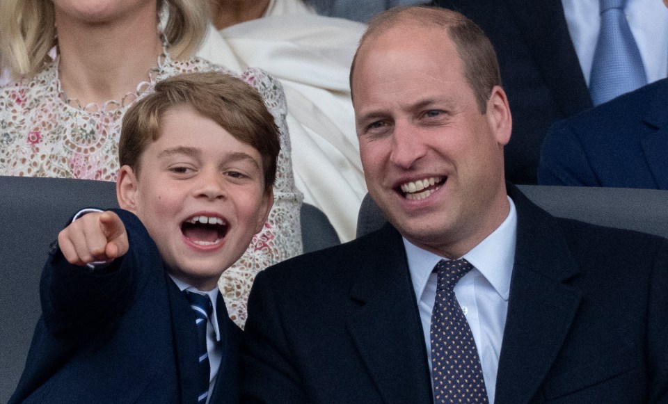 LONDON, ENGLAND - JUNE 05: Prince William, Duke of Cambridge and Prince George of Cambridge attend the Platinum Pageant on The Mall on June 5, 2022 in London, England. The Platinum Jubilee of Elizabeth II is being celebrated from June 2 to June 5, 2022, in the UK and Commonwealth to mark the 70th anniversary of the accession of Queen Elizabeth II on 6 February 1952. (Photo by Mark Cuthbert/UK Press via Getty Images)