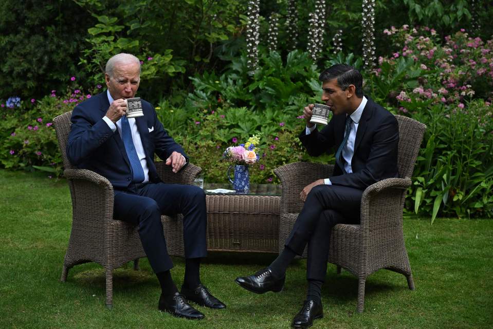 President Biden and Rishi Sunak share a cup of tea in the garden