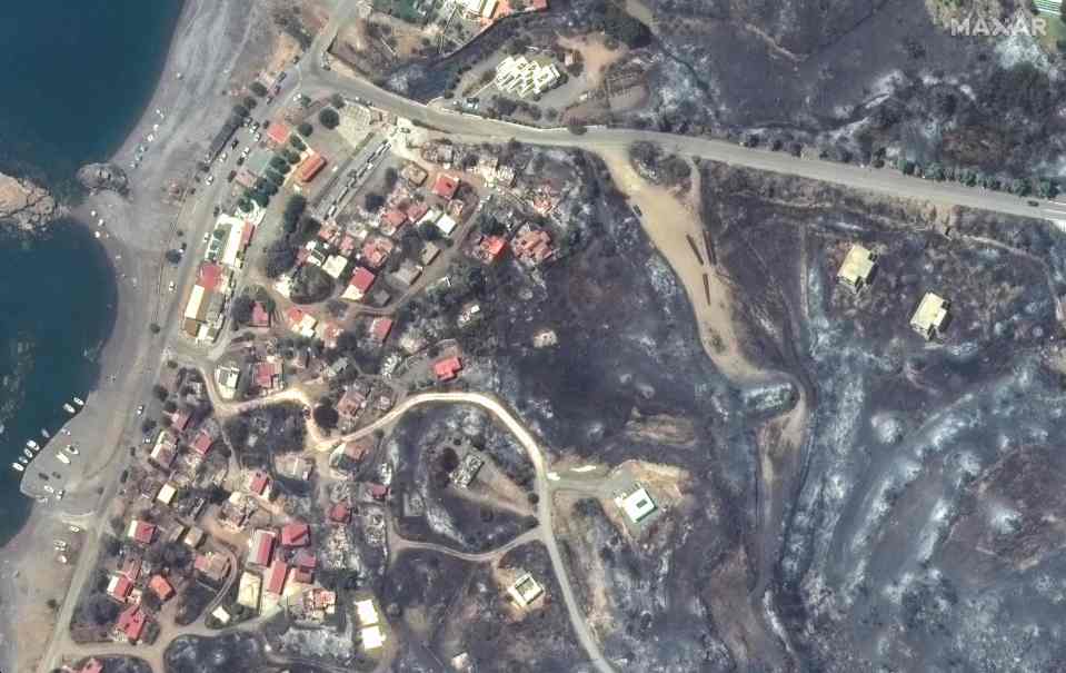 An aerial view shows the charred landscape at Kiotari