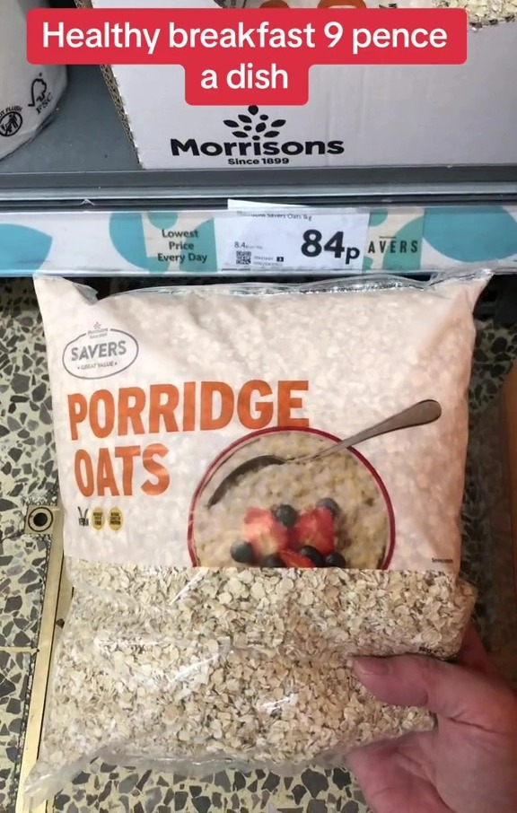 Elliot picks up a bag of porridge oats from Morrisons for 84p