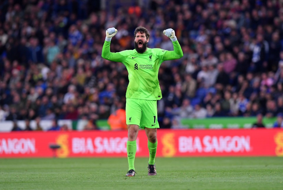 LEICESTER, ENGLAND - MAY 15: Alisson Becker of Liverpool celebrates after Curtis Jones of Liverpool scored his second goal for Liverpool during the Premier League match between Leicester City and Liverpool FC at King Power Stadium on May 15, 2023 in Leicester, United Kingdom. (Photo by Plumb Images/Leicester City FC via Getty Images)