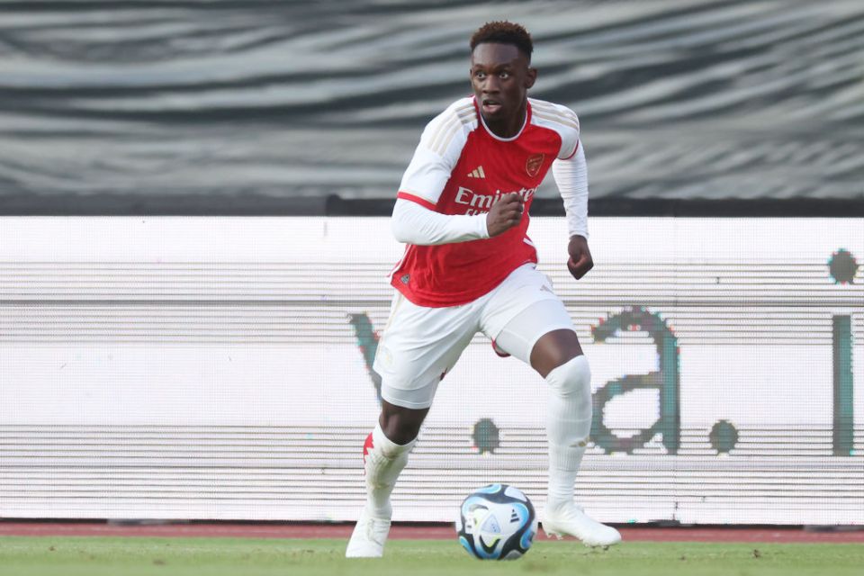 NUREMBERG, GERMANY - JULY 13: Folarin Balogun of Arsenal FC controls the ball during the pre-season friendly match between 1. FC NÃ¼rnberg and Arsenal FC at Max-Morlock Stadion on July 13, 2023 in Nuremberg, Germany. (Photo by Alex Grimm/Getty Images)