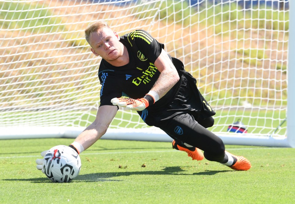 LOS ANGELES, CALIFORNIA - JULY 24: Aaron Ramsdale of Arsenal during the Arsenal training session at the LA Rams Tranining Facility in Thousand Oaks on July 24, 2023 in Los Angeles, California. (Photo by David Price/Arsenal FC via Getty Images)