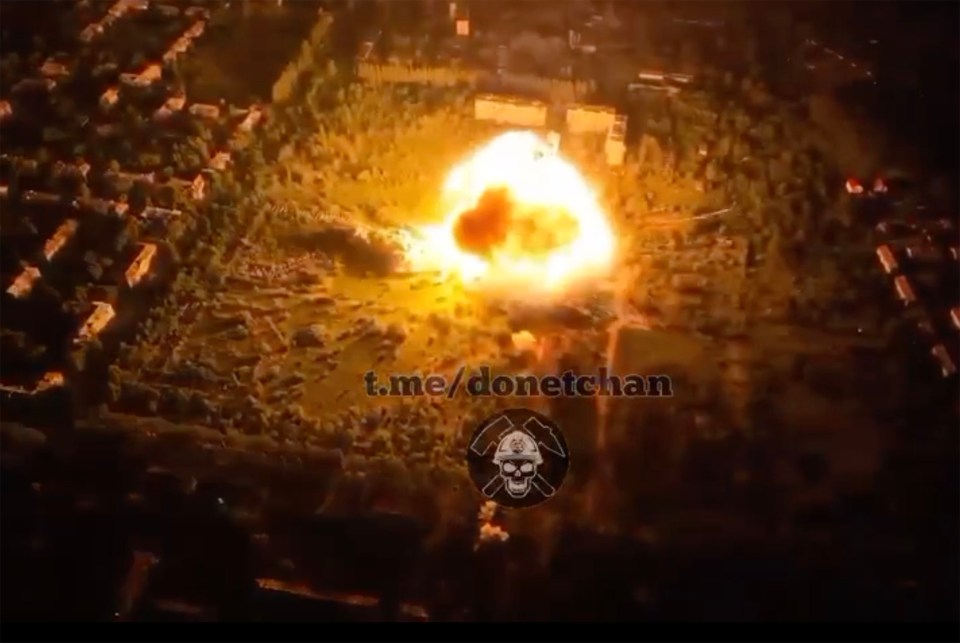 Drone footage shows a giant explosion at a Russian ammunition depot in Makiivka after a Ukrainian missile strike