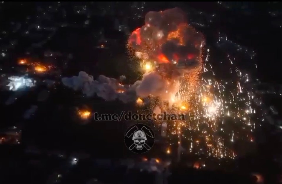 Drone footage shows a giant explosion at a Russian ammunition depot in Makiivka after a Ukrainian missile strike