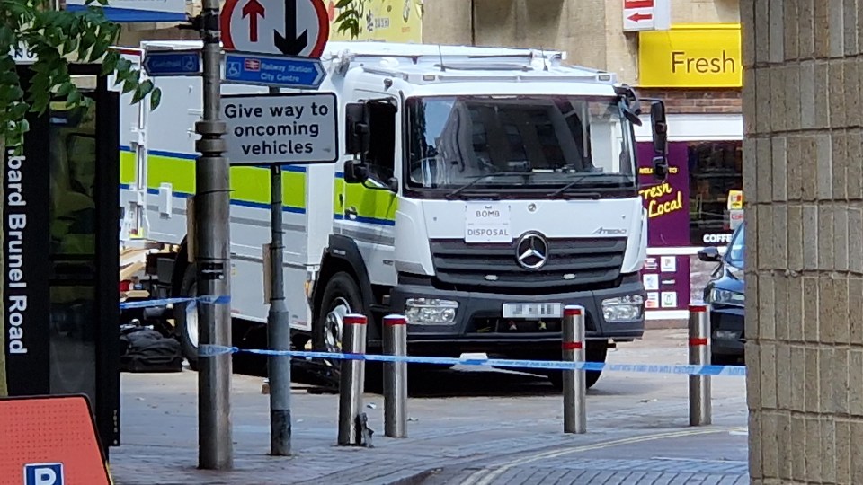 A bomb disposal vehicle at the scene today