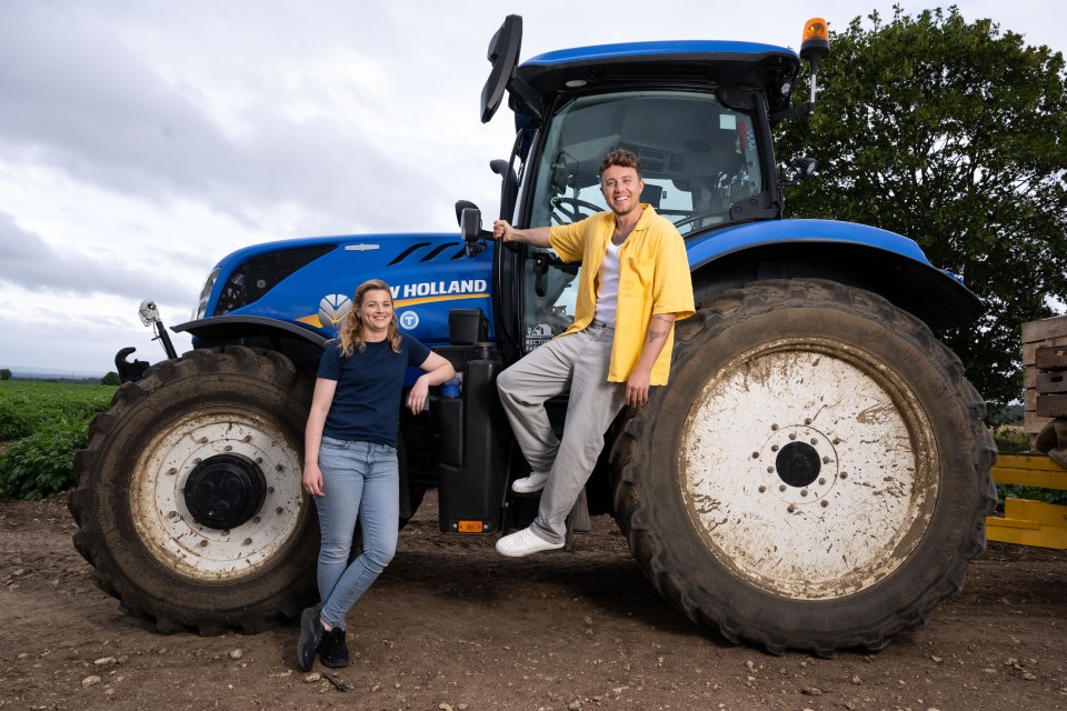 Roman Kemp pictured with farmer Imogen Stanley at a McCain farm in Oxfordshire to launch the brand's new "Let's All Chip In" short film which was released today. Visit McCain.co.uk/sustainability to see the full film - Jeff Spicer/Getty Images for McCain