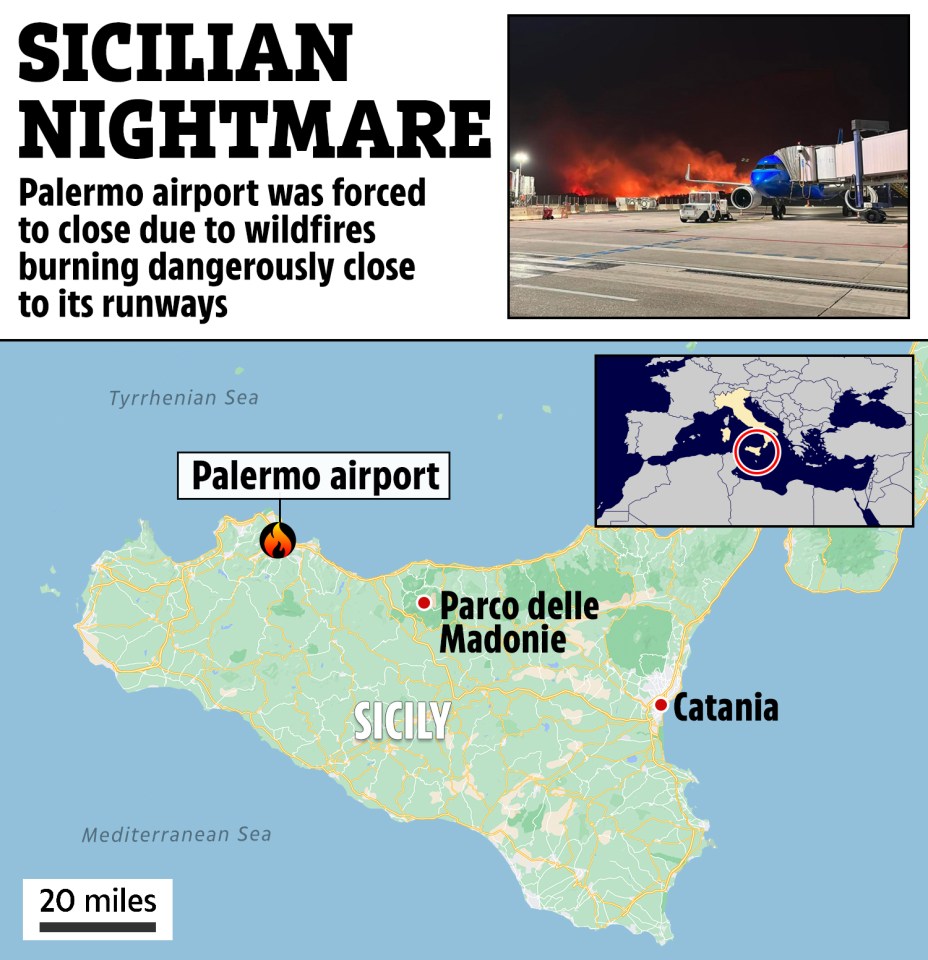 Locations and map for fires in Sicily