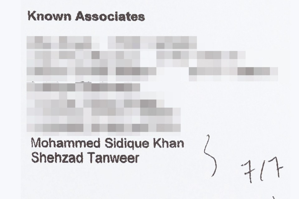 The fax lists Tanweer and Sidique Khan as 'known associates' of a suspected terror fundraiser