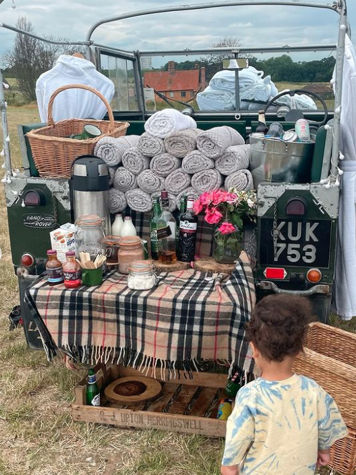 The gang travelled in classic Land Rovers, like this one which was transformed into a table