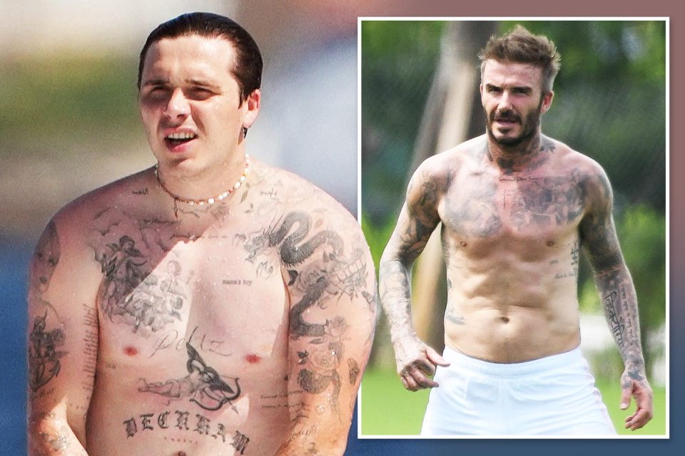 Brooklyn and David Beckham show off their tattoos