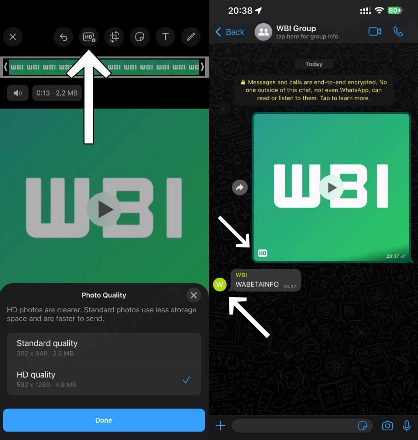 The feature gives users the option to choose between sending images and videos in the standard WhatsApp quality or HD