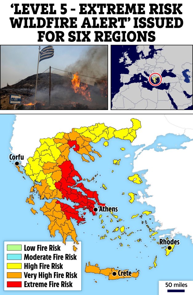 The Greek government has issued risk warnings for fresh fires breaking out across the country