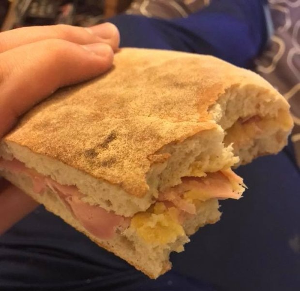 This is a stottie filled with ham and please pudding