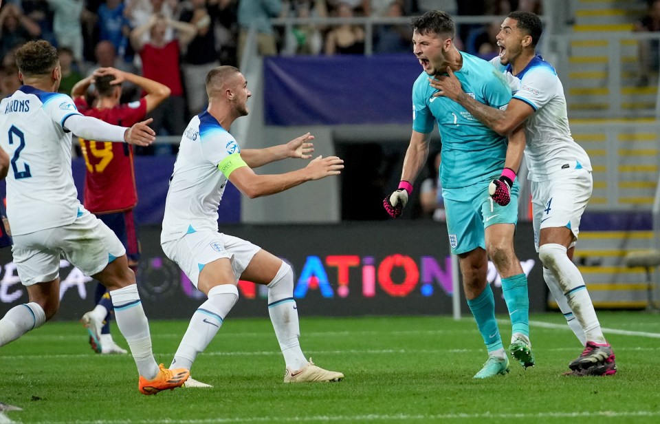 The England players ran over to Trafford after his match-winning save