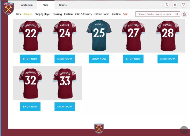 Rice's shirt is no longer for sale on the West Ham website