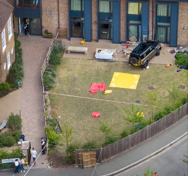 A Land Rover smashed into a school building in South London yesterday