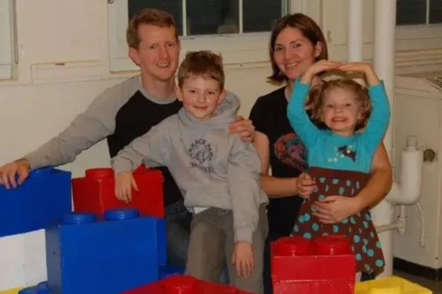 Jeopardy! host Ken Jennings with his wife Mindy and their two children