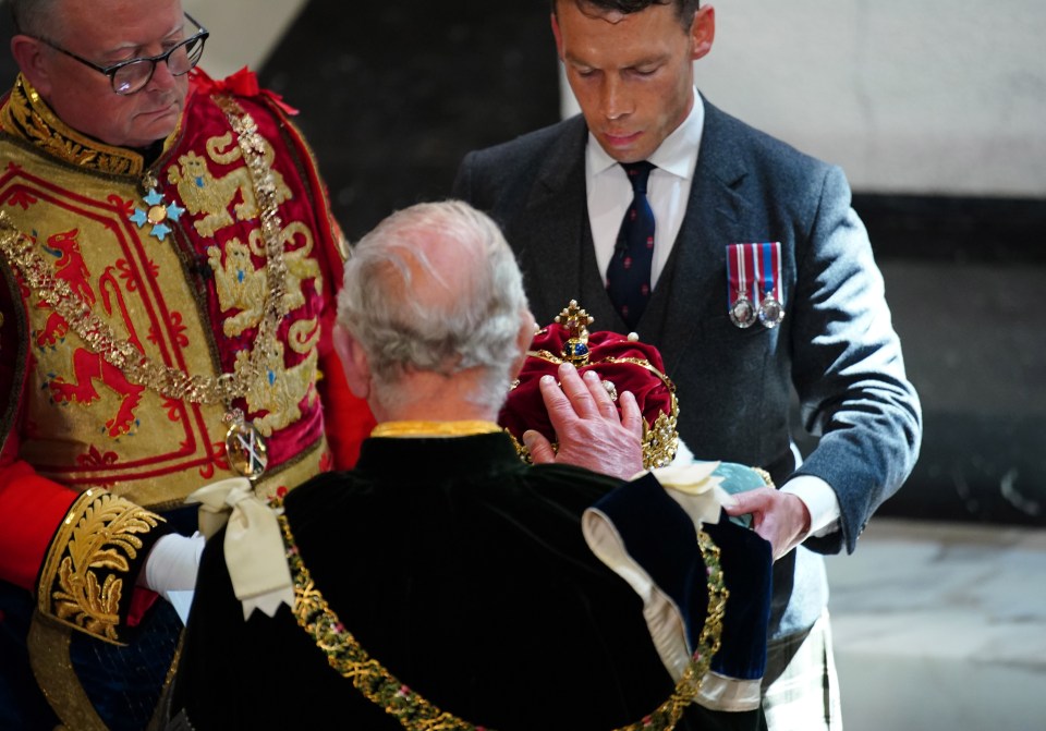 King Charles was presented the 3lbs 6oz solid gold and silver Crown of Scotland