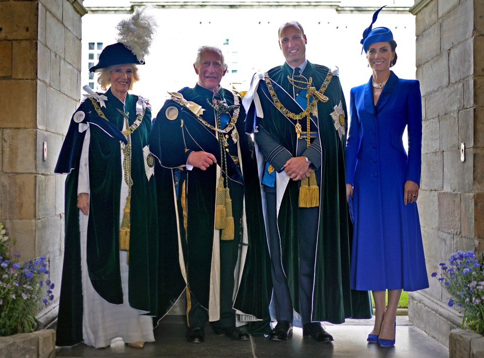 King Charles, Camilla and William in their green Order of the Thistle mantles with Kate in blue