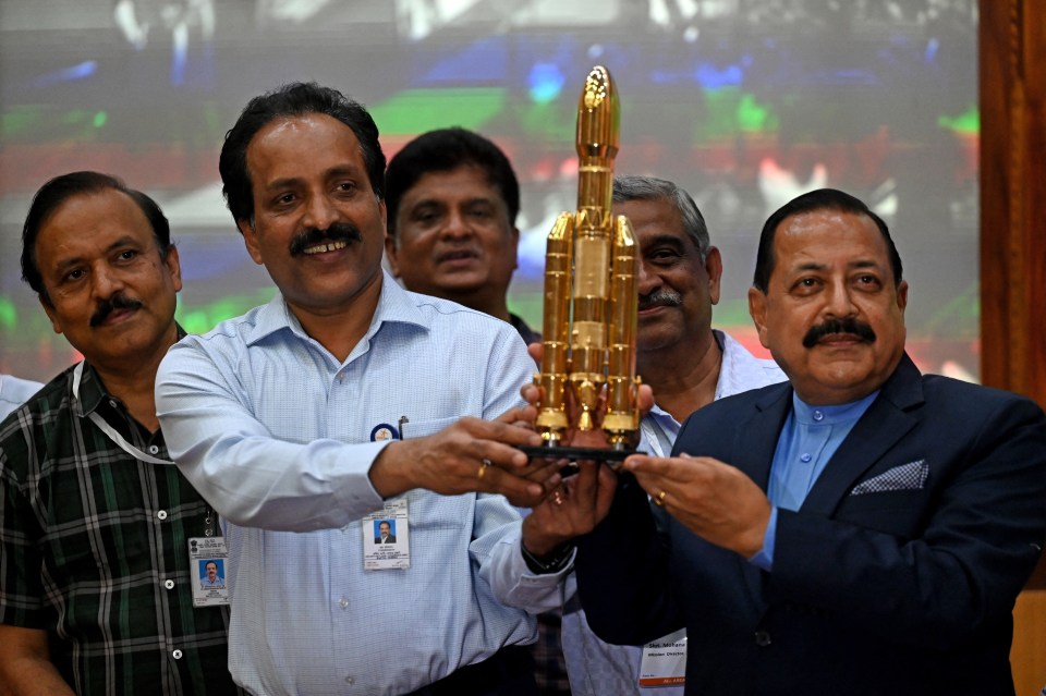 Space agency director Sreedhara Panicker Somanath celebrating the launch