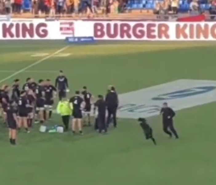 A pitch invader made it close to the New Zealand huddle after their win over Argentina