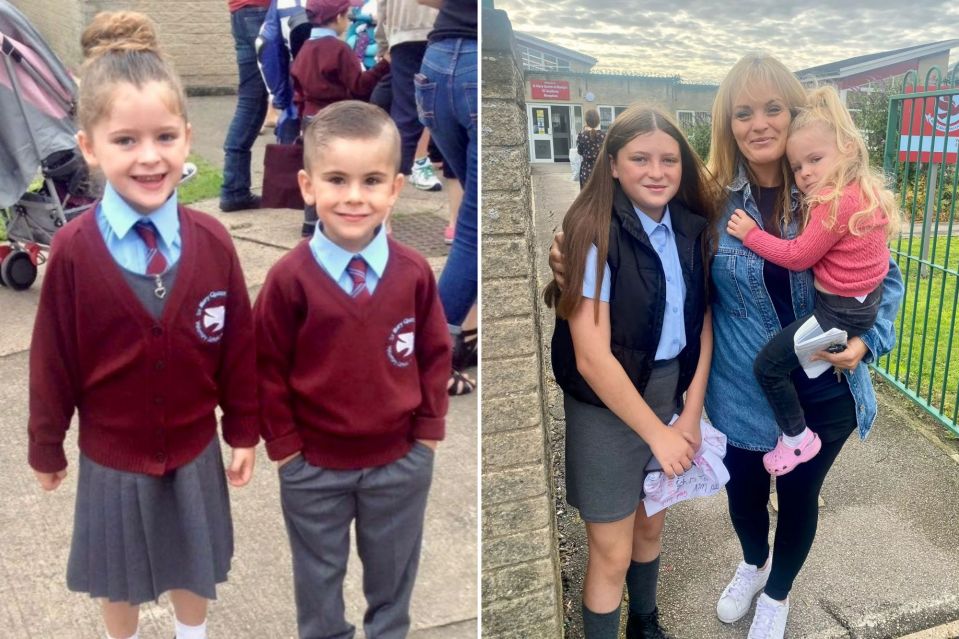 Stanley and Elsie on their first day at primary and Elsie now with little sister Tilly and mum Jenny