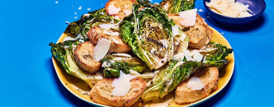 Searing the lettuce on the barbecue grill shares the edge a little while softening the centres