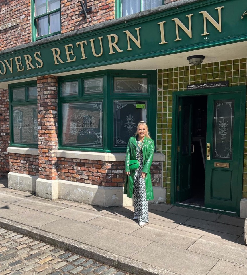 Stephanie on set outside The Rovers Return Inn on Corrie