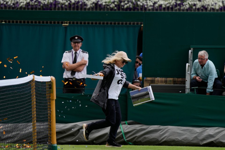 The protesters disrupted play after running onto the turf with confetti and puzzle pieces in hand