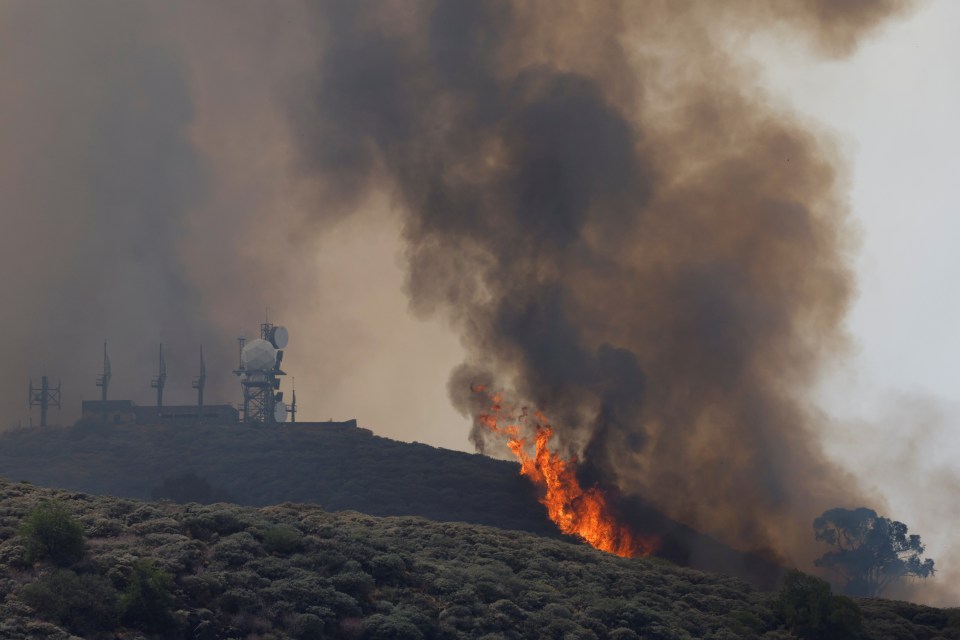 Thick plumes of black smoke rising from the scene of a wildfire in Gran Canaria