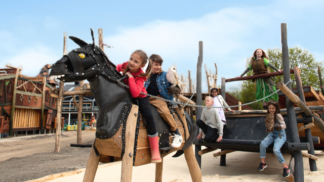 The park has themed lands and lots of play structures and activities