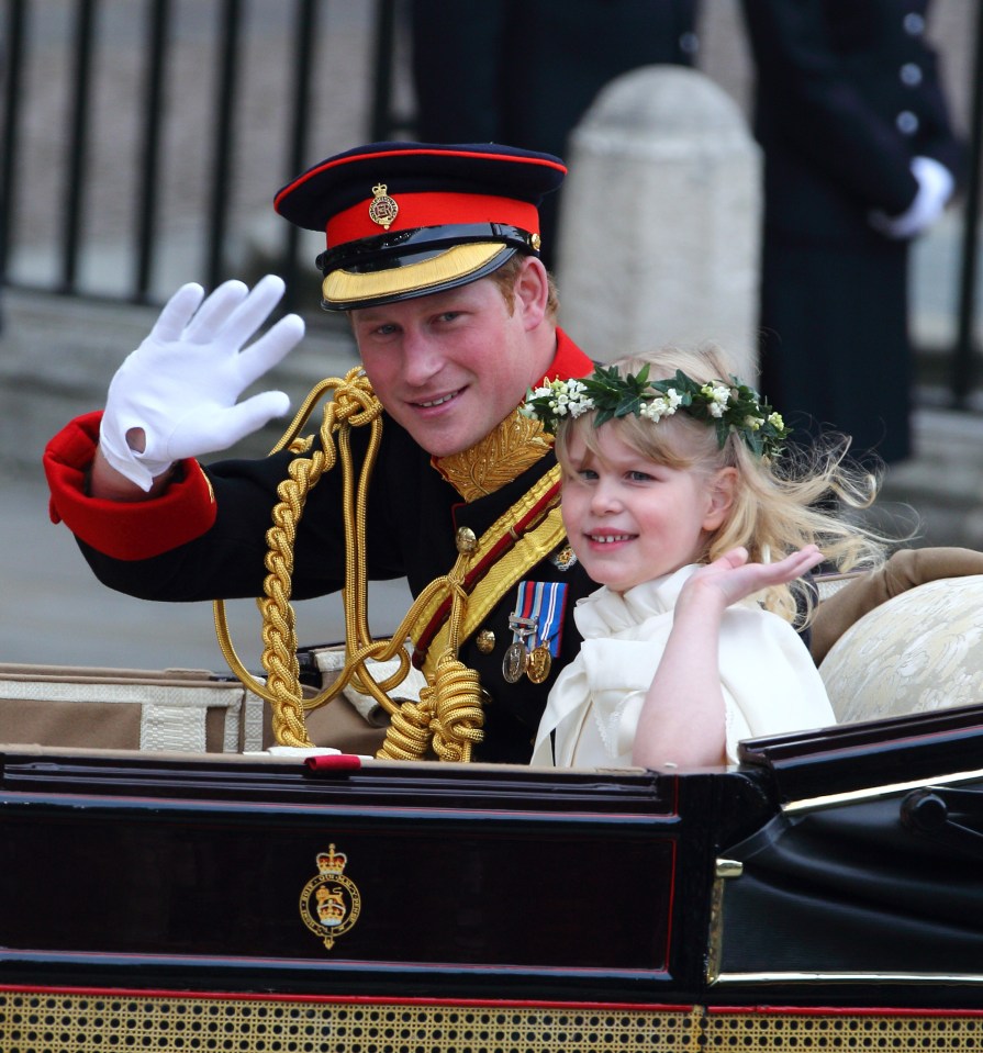 Lady Louise with her cousin Prince Harry at Prince William’s wedding where she served as a flower girl