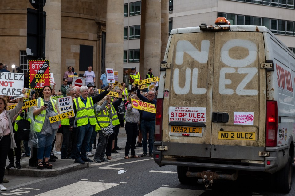 Protesters opposed to the expansion of London's Ultra Low Emissions Zone demonstrate outside BBC Broadcasting House last month