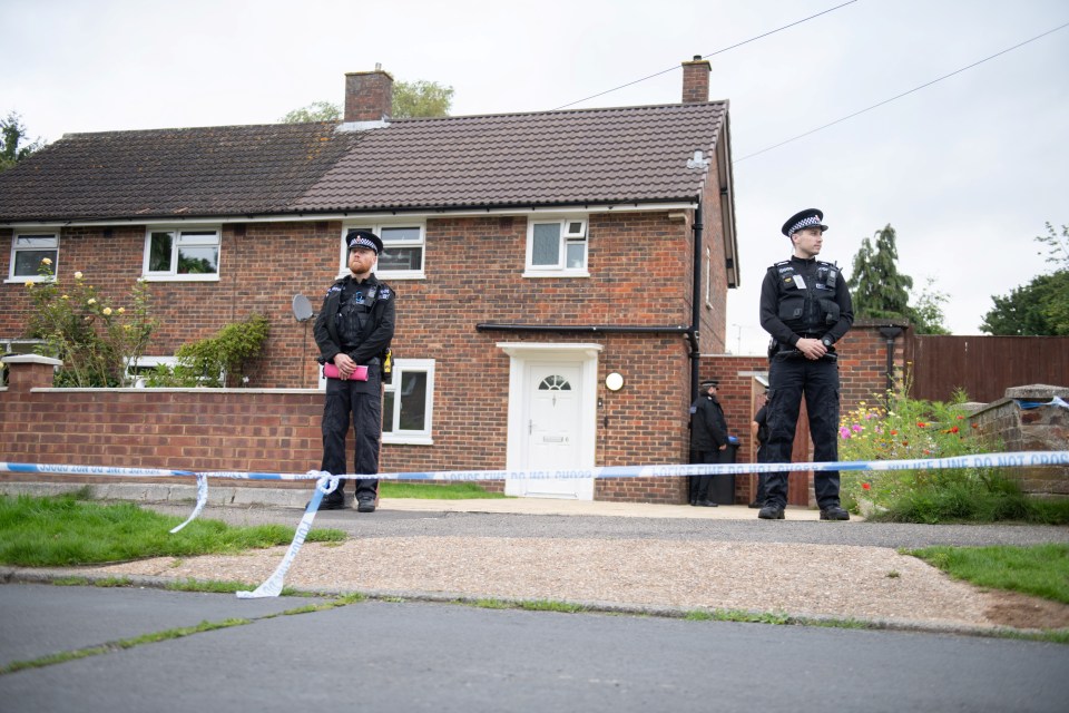 Cops taped off dad Urfan Sharif’s home in Horsell, near Woking, where Sara was found last Thursday