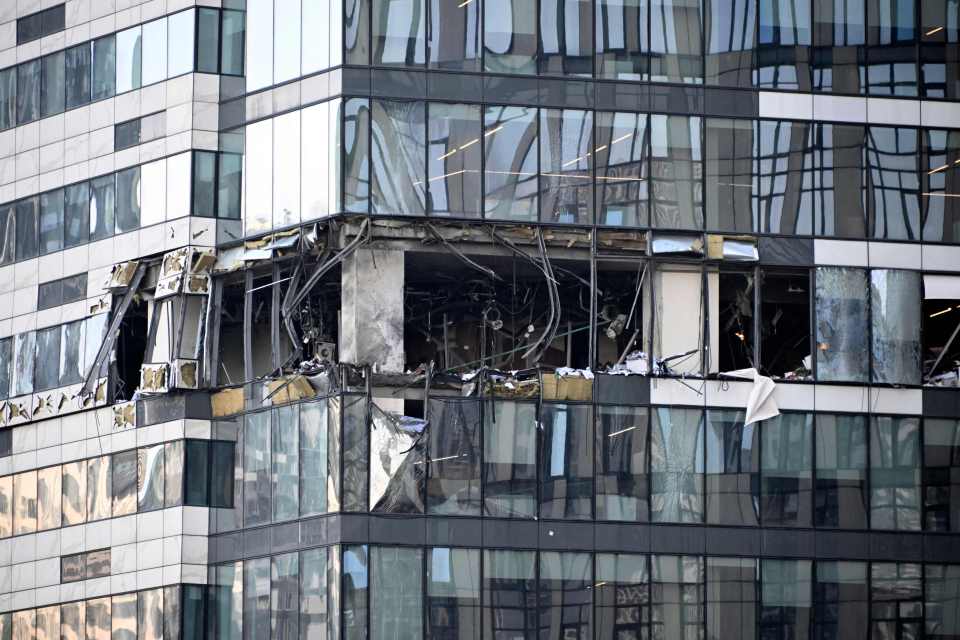 The aftermath of a suspected Ukrainian attack on an office building in Moscow on July 30