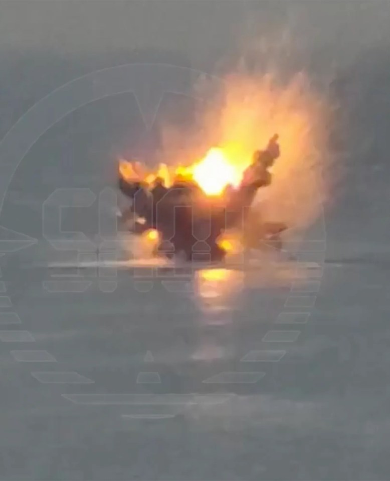 The drone exploded into a fireball on the water during the attack on Novorossiysk