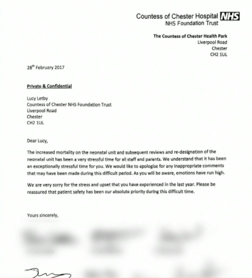 Image of the grovelling apology letter sent to Letby