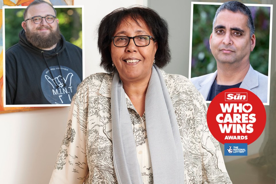 Sega Habtom (centre), Joshua Sturgeon (l) and Amandip Sidhu (r) are all up for  The Caroline Flack Mental Health Hero award at The Sun's Who Cares Wins Awards