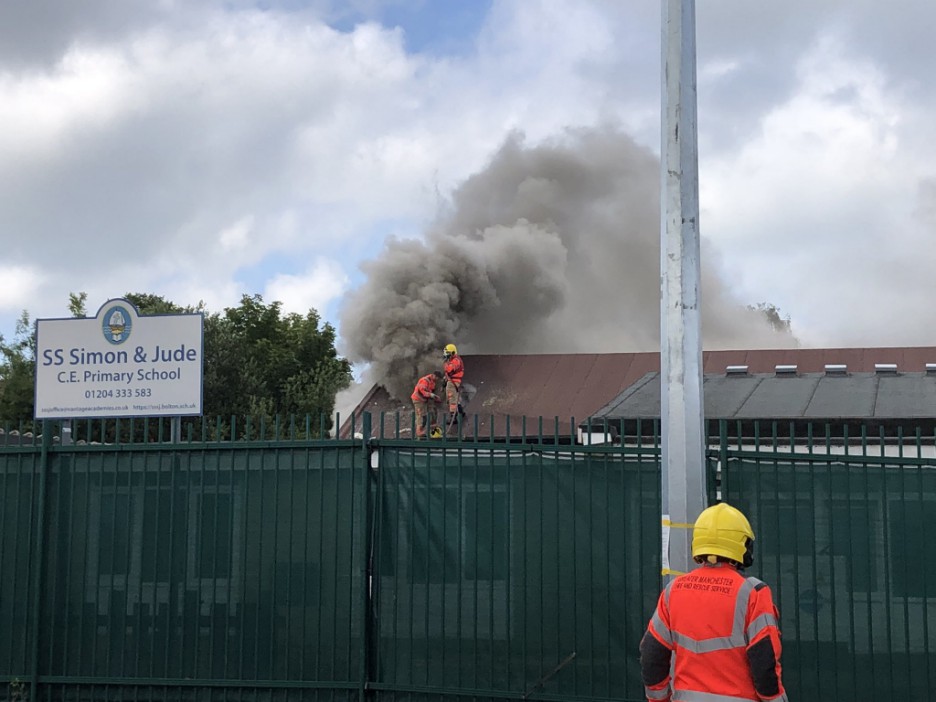 Newport Road in Bolton, where firefighters are tackling a fire at SS Simon & Jude CE Primary School