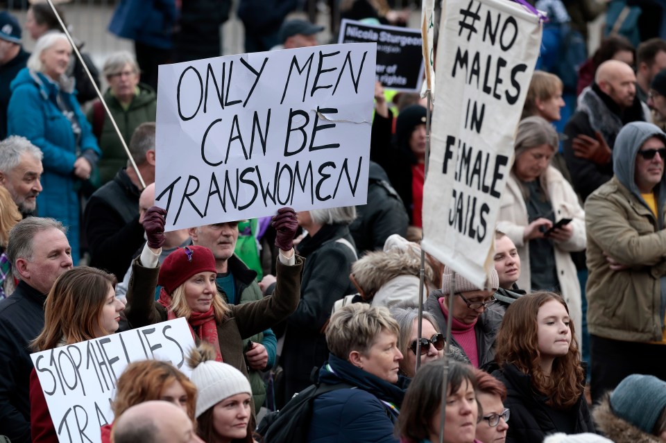 GLASGOW, SCOTLAND - FEBRUARY 05: Members of the public attend a Standing for Women protest attended by anti-transgender-rights activist Kellie-Jay Keen on February 05, 2023 in Glasgow, Scotland. Keen, also known as Posie Parker, is the founder of Standing for Women, which opposes gender-recognition policies like the one recently passed by Scottish parliament. (Photo by Jeff J Mitchell/Getty Images)