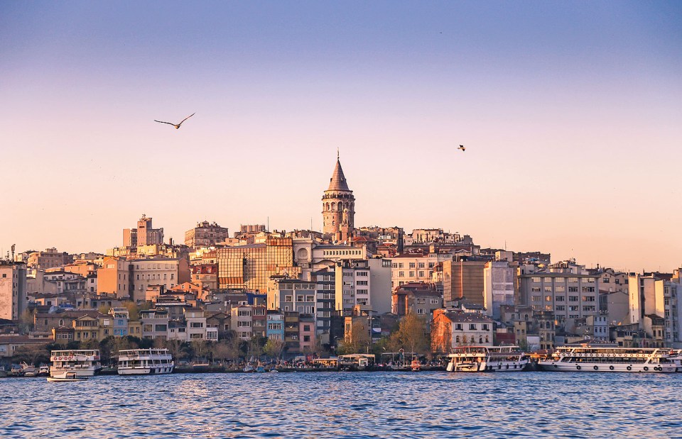 Galata tower in Karakoy, Istanbul, Turkey. Seagulls flying on the bright sky at sunset.