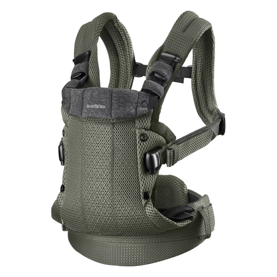 Baby carrier in olive green.