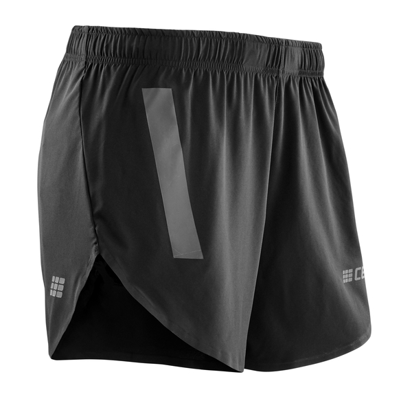 Black loose-fit running shorts with reflective detail.