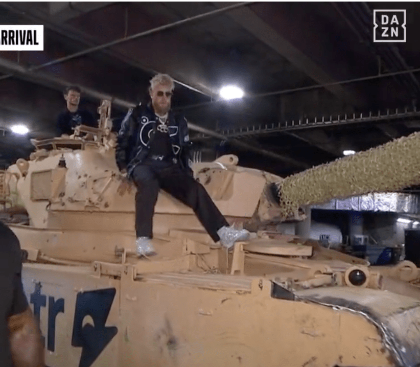 Jake Paul arrived at the arena on top of a military-grade tank